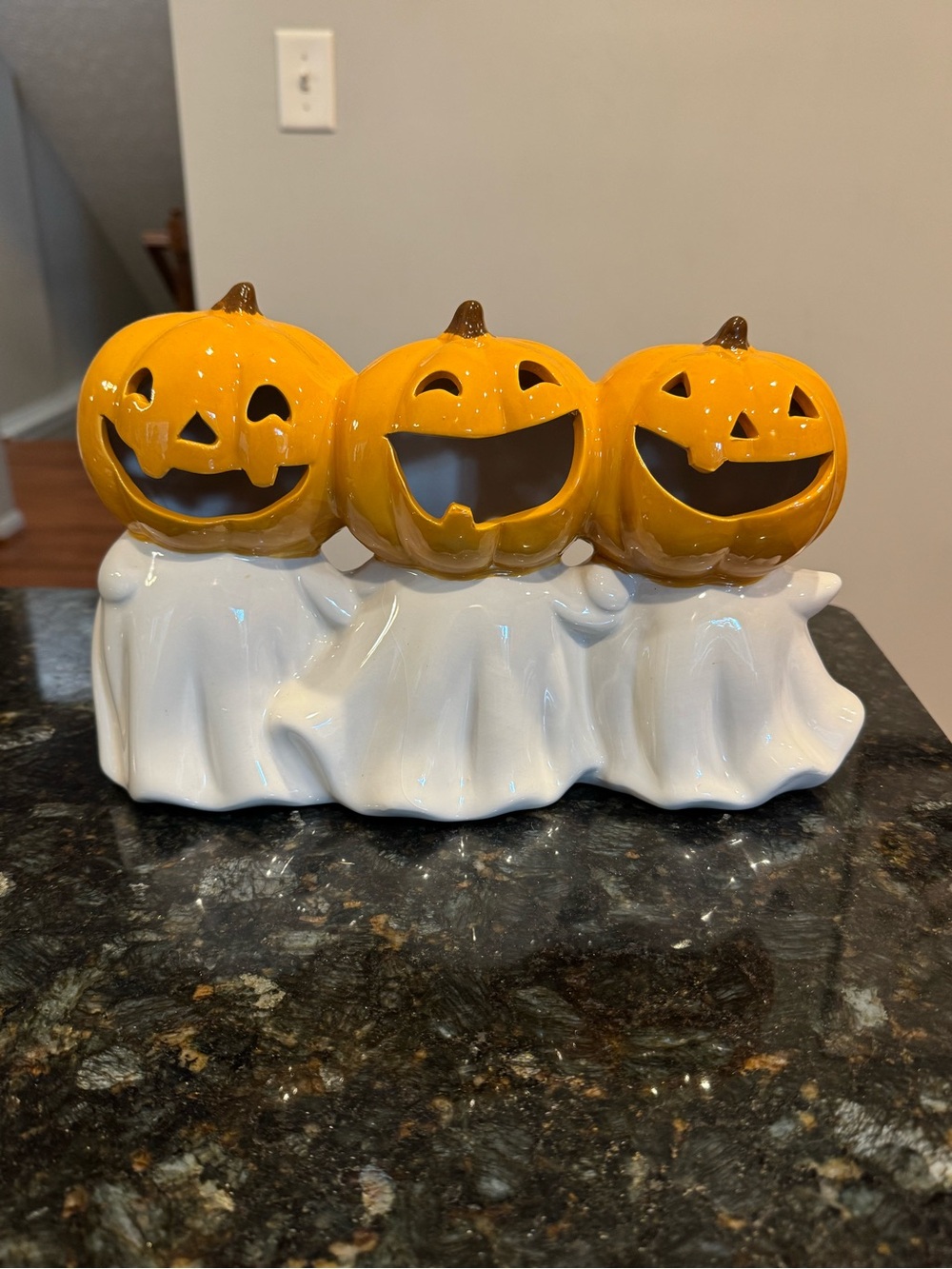 LED Light Up Halloween Jack O Lantern Pumpkin Head Ghosts Trio Ceramic NEW
